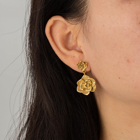NordicDrop Vintage Bloom Earrings - Gold Rose Statement Pair