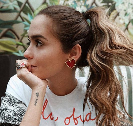 NordicDrop Amor – Gold Hoop Earrings with Velvet Red Heart Charm