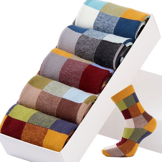 NordicDrop Retro Colorblock Grid Socks | 5-Pack Geometric Crew Socks for Men